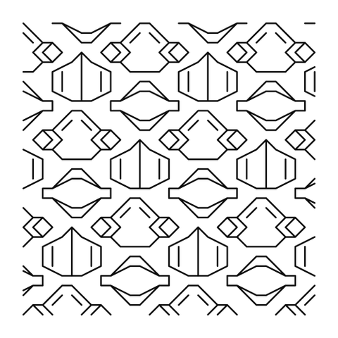 A repeating pattern of boat-shaped n95 masks, bifold kn95 masks, and elastomeric respirators with p100 cartridges. Black lineart.