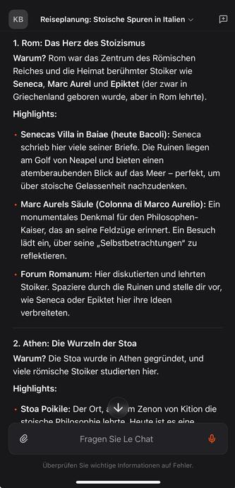 Das Bild zeigt eine Reiseplanung für eine Stoische Reise in Italien. Es ist auf einem dunklen Hintergrund mit weißer Schrift dargestellt. Der Titel lautet "Reiseplanung: Stoische Spuren in Italien". Die erste Etappe ist Rom, das Herz des Stoizismus, mit Highlights wie Senecas Villa in Baiae, Marc Aurels Säule und das Forum Romanum. Die zweite Etappe ist Athen, die Wurzeln der Stoikerei, mit dem Stoika Poikile als Hauptattraktion. Der Text beschreibt die historische Bedeutung und die philosophischen Ideen der Stoiker in diesen Städten.