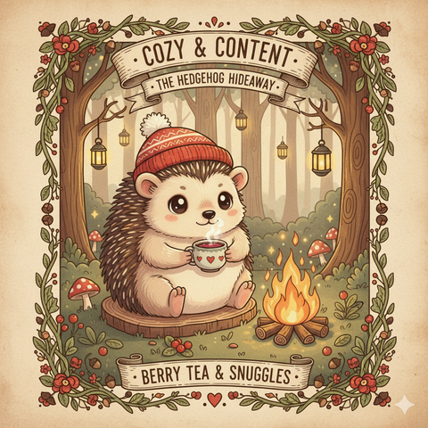 charming illustration of a hedgehog sitting on a wooden stump in a forest setting. The hedgehog is wearing a red knitted hat with a white pom-pom and is holding a cup with a heart design, presumably filled with berry tea, as indicated by the text "BERRY TEA & SNUGGLES" at the bottom. The hedgehog appears cozy and content, with a warm fire burning nearby, adding to the cozy atmosphere. The background is filled with trees, mushrooms, and hanging lanterns, creating a serene woodland scene. The text "COZY & CONTENT" and "THE HEDGEHOG HIDEAWAY" is displayed at the top, framing the scene with decorative floral and berry motifs. The overall color palette is warm and inviting, with earthy tones and soft pastels, enhancing the sense of comfort and tranquility