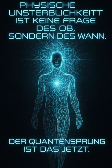 Spruch: "Physische Unsterblichkeit ist keine Frage des Ob, sondern des Wann. Der Quantensprung ist das Jetzt."