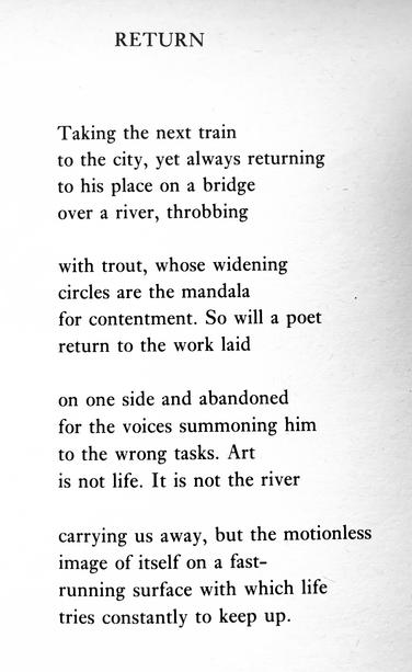 Text of poem -

RETURN.
Taking the next train
to the city, yet always returning to his place on a bridge over a river, throbbing
with trout, whose widening circles are the mandala
for contentment. So will a poet return to the work laid
on one side and abandoned for the voices summoning him to the wrong tasks. Art is not life. It is not the river
carrying us away, but the motionless image of itself on a fast-running surface with which life tries constantly to keep up.