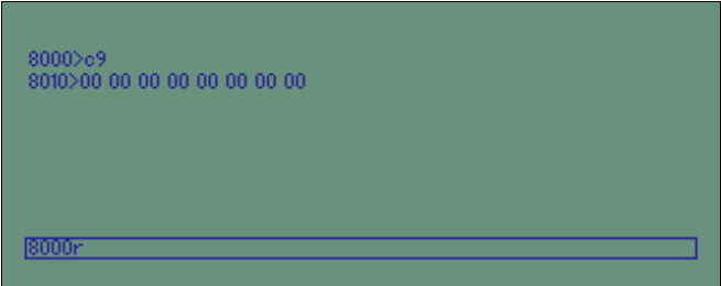 Hex editor displaying ranges of memory at 8000 and 8010-8017.
8000>c9
8010>00 00 00 00 00 00 00

At the bottom of the screen is a textbox containing the command
8000r
which when executed would call the code starting at address 8000