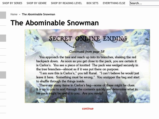 An online excerpt from "The Abominable Snowman" features a narrative about discovering a red backpack in tree branches. The text prompts the reader to help sort through the contents to find clues, indicating an interactive storytelling experience.