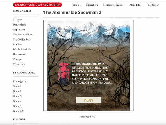 Image features a game titled "The Abominable Snowman 2," showcasing a backpack and snowy mountains in the background. Text instructs players to match items in the backpack to help a character named Carlos. A "PLAY" button is prominently displayed