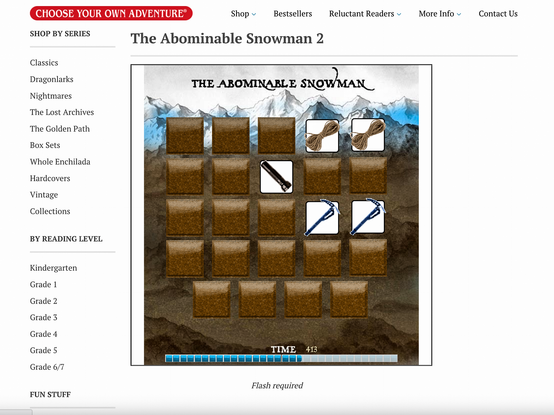 An interactive game interface for "The Abominable Snowman 2" featuring a grid of squares with various items, including ropes and pickaxes. A timer is visible at the bottom, indicating ongoing gameplay.