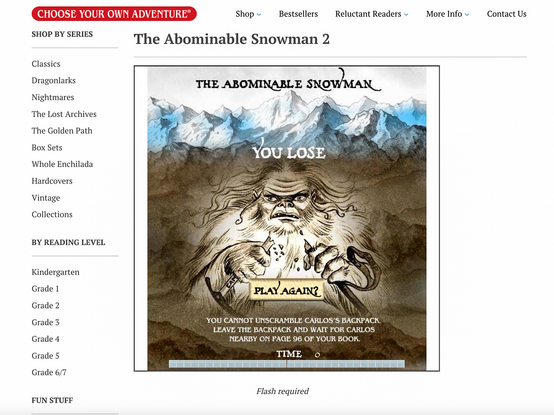 Image of a "Choose Your Own Adventure" game titled "The Abominable Snowman 2." It features a losing screen with the message "You Lose" and an illustration of an abominable snowman holding an ice pick.