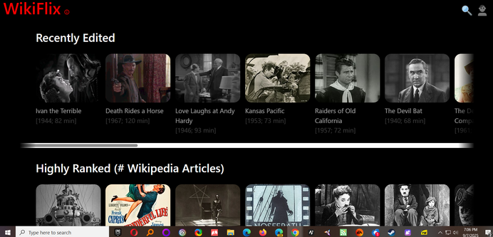 Screenshot of home screen of WikiFlix.