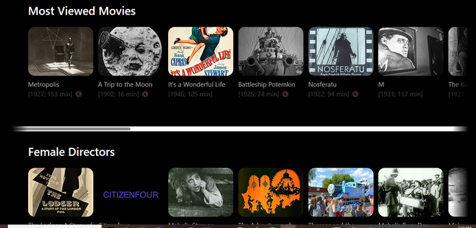 Screenshot showing some of the categories of movies on WikiFlix: Most Viewed Movies and Female Directors categories.