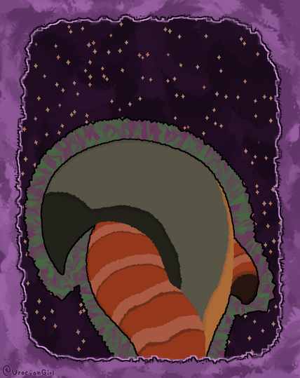 digital painty art. entwined grey fox and red panda tails, bordered by an outline of small purple and green shapes, on a dark purple background with orange sparkles. the image has a lighter purple border.