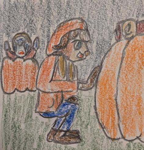 Color pencil drawing of Lop Norausa, a Lepi woman from Star Wars Visions, checking her pumpkin crop. Mr. Scruffles, a bantha plushie from Star Wars, sits on top of a pumpkin, helping. Azusa Riyo, a Pantoran woman from Star Wars, makes some noise at the pumpkin she is at.
