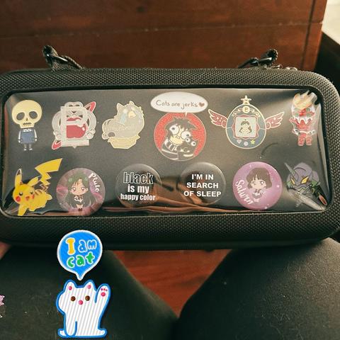 A black canvas Itabag style Nintendo Switch case with many pins.