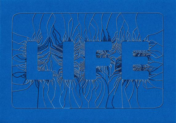The word "LIFE" is formed by tendrils that come from an outside rounded rectangle and get more dense due to increased branching towards the outline of the text. Black india ink and then partial white ballpen on blue cardboard.