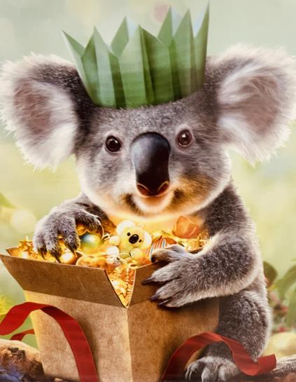 Anthropomorphic image of a koala unboxing the cornucopia of a tourist park. Postcard: Cash cow