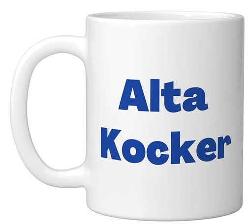 Alta Kocker is shown in blue lettering on a ceramic mug.