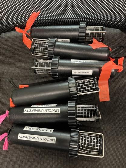 A photo of six audio recorders sitting on my office chair. They're long thin black plastic units, with a microphone at one end covered in sponge and protected by a metal grill, and the rest of the unit is solid plastic inside of which are the batteries and electronics.
This is the AR4 model designed and manufactured by the New Zealand Department of Conservation.
