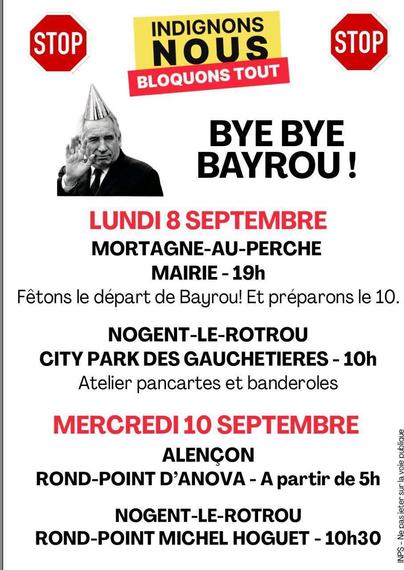 Tract de mobilisation

Pour le 8 septembre 
Bye bye route et préparation du septembre 
Mairie Mortagne au perche 19h
City park des gauchetieres Nogent-le-Rotrou 10h

Pour le 10 septembre
Rond point anova à Alençon à partir de 5h
Rond point Michel Goguette à Nogent le Rotrou à 10h30