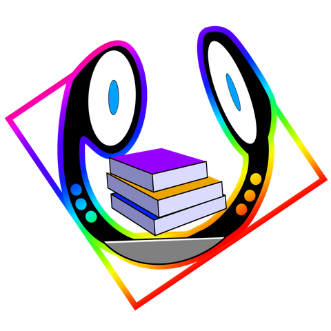 Le logo retourné à 90° du site Par delà la lance, le panier.
Dans des couleurs flashy, un casque audio entourant une pile de trois livres.
Les oreillettes du casque font penser à des yeux, le casque lui-même à un grand sourire.