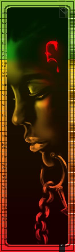 Format marqué page :
Le fond est sombre.
Un visage féminin de profil, regard baissé vers la gauche.
Une chaîne est comme rivetée à son menton par un gros anneau qui forme le signe masculin.
Les couleurs sont le dégradé du vert au rouge d'un violentomètre.
Un £ rouge est sur la tempe du personnage.