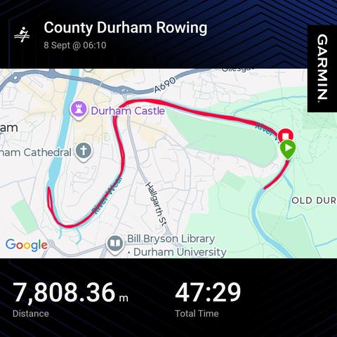 Garmin activity showing a rowing session. 7.8km 47 min