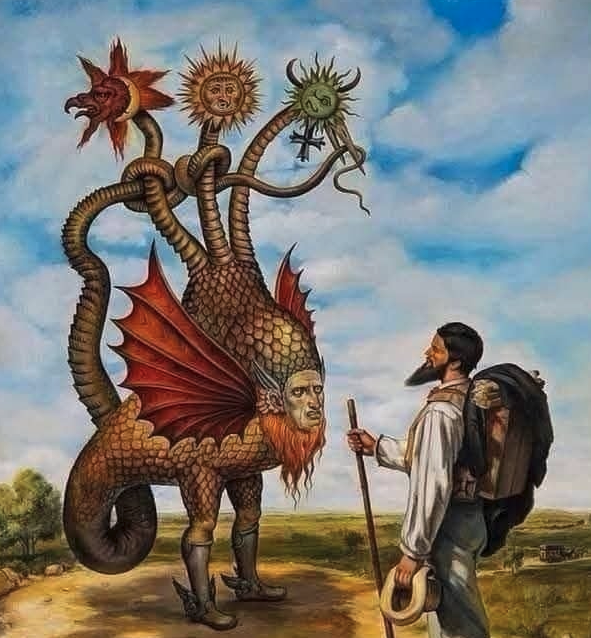 An illustration of a medieval-style griffon-type creature with three "tails" on its back, each terminating with a different face. A traveller stands before it.