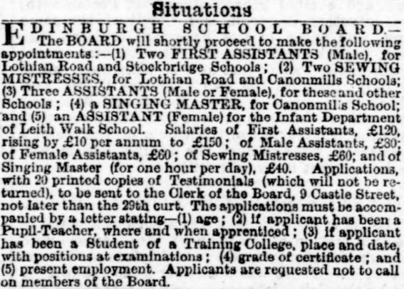 Evening News, 20th May 1880, "Situations Vacant" requesting applications for various teachers at the new Canonmills and Lothian Road schhols