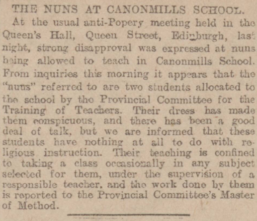 Reporting on the case of the "nuns" at Canonmills School. Edinburgh Evening News, November 23rd 1908