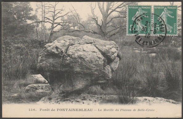 Printed monochrome postcard showing a view of the rock formation known as the Morille de Belle-Croix in the Forest of Fontainebleau in France.

Publisher not stated [Dulac], No 136.

Postally used on 30 August 1916 with Fontainebleau cancellation on two green 5 centimes stamps and sent to Messrs & Mesdames Guidel et Baloy, 14 Rue Gatelliet, Melun, Seine et Marne.

Very good condition, with slight corner bumps.