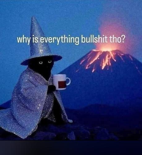 Vulcano eruption in the background. In the front, a black cat in a blue wizard costome with a pointy hat. Both robe and hat glitter. Holding a mug, looking into the distant. Text that says "why is everything bullshit tho?".