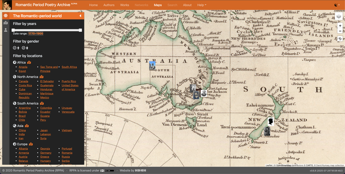 Screenshot of the Oceanic region of the Romantic-Period Poetry Archive (RPPA) map