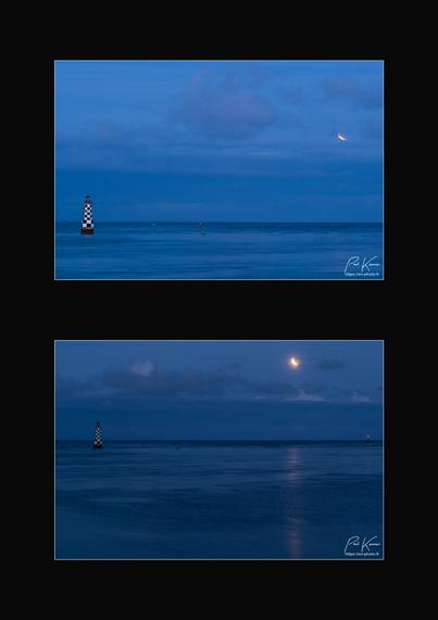 diptyque vertical sur fond noir, présentant deux photos du même sujet : une éclipse lunaire en début de nuit, au-dessus de la mer, à droite d'un ancien phare isoler sur l'eau et dont la tour est peinte en damier noir et blanc. Entre l'ancien phare et la lune, on peut voir les balise vertes et rouges du journal d'accès au port où se trouve le photographe.
Dommage pour celui-ci, une bande de nuages à l'horizon a caché le lever de la lune, alors dans l'ombre de la Terre, plus près du phare à damier. Sur les deux photos, la lune a déjà entamé sa sortie de l'ombre de la Terre.