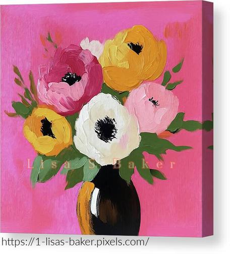 I Dream In Pink / Floral Art by Lisa S Baker. A collection of vibrant flowers is displayed against a vivid pink background, creating a lively and cheerful atmosphere. The bold colors and expressive brushstrokes give a sense of dynamism to the bouquet, which is set in a simple black vase. The contrasting hues make the composition both eye-catching and harmonious.