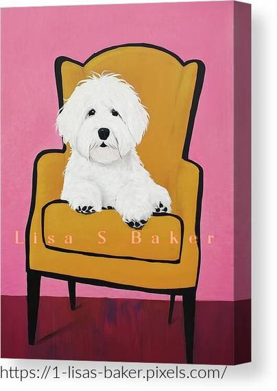 A charming white dog sits comfortably on a vibrant yellow chair. The pink background adds a playful contrast, enhancing the cheerful feel of the scene. The composition is simple yet captures a whimsical, inviting atmosphere.
