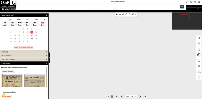 copie d'écran du message d'erreur de Gallica : une petite fenêtre blanche affichée en haut de la page et dans laquelle est mentionnée "une erreur est survenue"