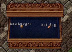 a hamburger and a hot dog sit in a wooden lunch box along a castle wall. Video game screenshot taken from Ultima Online