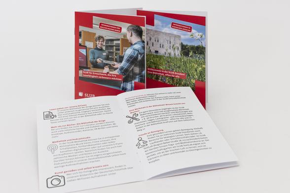 Eine aufgeschlagene Broschüre, darin zu erkennen Icons und einfach zu verstehende Texte. Hinter der aufgeschlagenen Broschüre zwei stehende Broschüren.