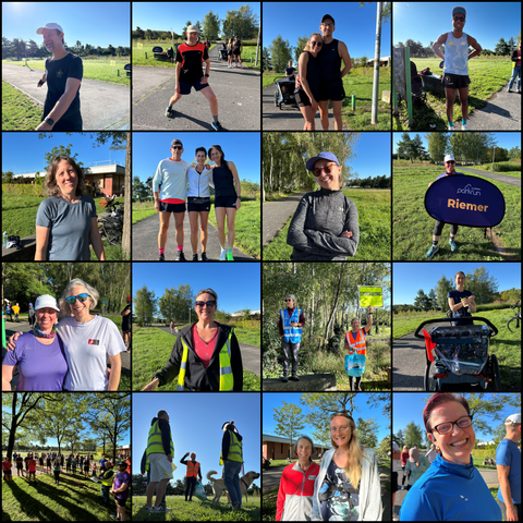 Collage of 16 photos (4x4) showing parkrun participants at the meeting point, all smiling. The sky is blue with no clouds.