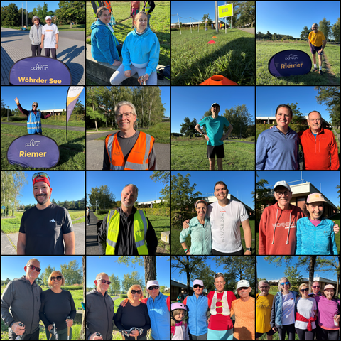 Collage of 16 photos (4x4) showing parkrun participants at the meeting point, all smiling. The sky is blue with no clouds.