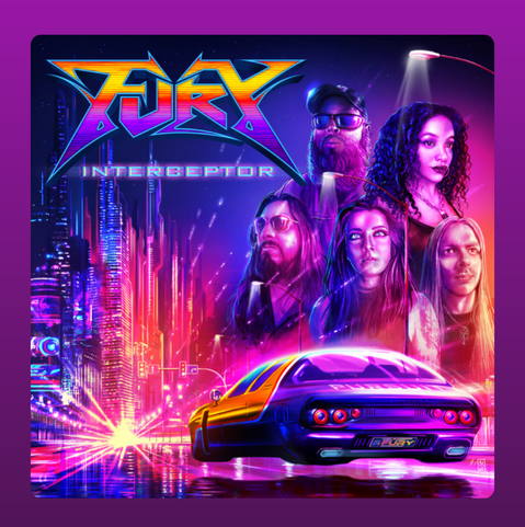 Retro-futuristic album cover showing a sleek flying muscle car soaring into  a neon-lit city at night. Bright electric hues of pink, purple, blue, and orange create a high-energy, sci-fi atmosphere. In the background, shadowy, oversized silhouettes of the band members loom over the skyline with intense expressions. At the top, the band’s metallic rainbow-gradient logo ‘FURY’ dominates the scene, while the album title ‘Interceptor’ appears just below in a glowing, futuristic typeface.