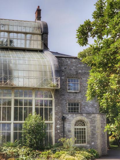 A close-up vertical shot of the side of a historic greenhouse. The building's left side is a large, two-storey glass conservatory with a curved glass roof. The right side is a grey stone building with multiple small windows, and a chimney on top. Lush green trees and bushes are visible in the foreground and a bright blue sky with a few clouds in the background.