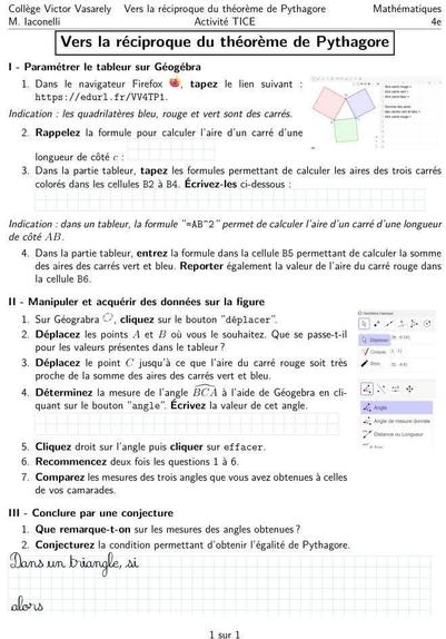La fiche d'exercice complète avec des illustrations de copie d'écran de GeoGebra.