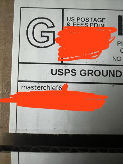 A photo of a shipping label I received. The name reads “masterchief6” after the video game character, Master Chief from the Halo franchise.