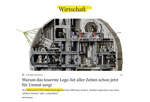In der Sparte Wirtschaft werden Lego-Bausteine besprochen

Warum das teuerste Lego-Set aller Zeiten schon jetzt für Unmut sorgt
