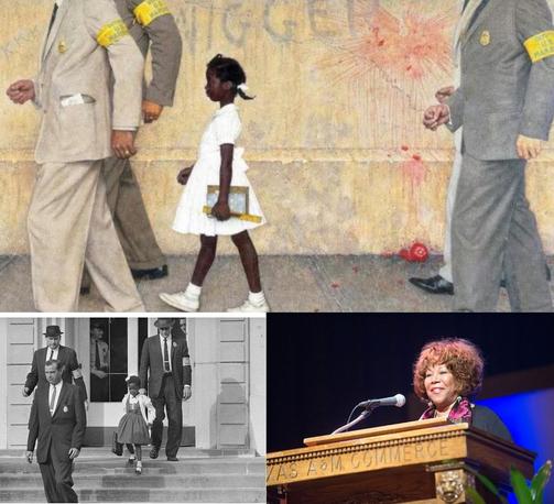 A montage of three images of Ruby Bridges. The top image is a painting by Norman Rockwell, showing Ruby being escorted around her school by four adult men in suits, all of whom have yellow arm bands on their left arms. Behind her, graffiti on the wall uses the N-word, and there is also a tomato that has been thrown at the wall. 

The bottom left is a historic (public domain) photo of the little six-year-old Ruby being escorted down some stairs by three adult agents, taken in 1960. 

The bottom right photo is a more recent image of the adult Ruby Bridges at a podium, addressing the Texas A&M Commerce school in 2015.