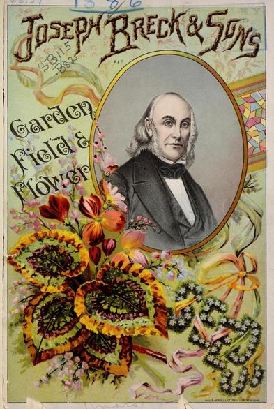 The image is a vintage seed catalg  for "Joseph Breck & Sons," featuring the text "Garden Field & Flower" prominently displayed. The central focus is a black and white portrait of a man with white hair, dressed in a dark suit and bow tie, set within an oval frame. Surrounding the portrait are vibrant illustrations of flowers and foliage, including sunflowers, daisies, and other colorful blooms, with ribbons and decorative elements adding to the ornate design. The background is a light green with floral patterns, and the bottom right corner includes the text "Mayer Herzog & Ottman Lith. New York," indicating the lithography company responsible for the poster. The overall style is reminiscent of late 19th-century advertising, with intricate details and a focus on nature and gardening.

Provided by @altbot, generated privately and locally using Ovis2-8B