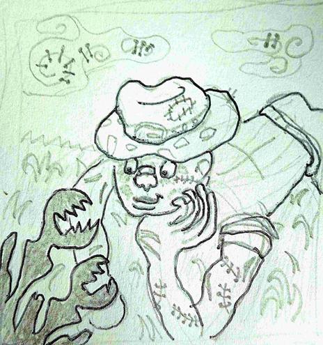 Gribouillis d'un personnage accroupi devant une plante.