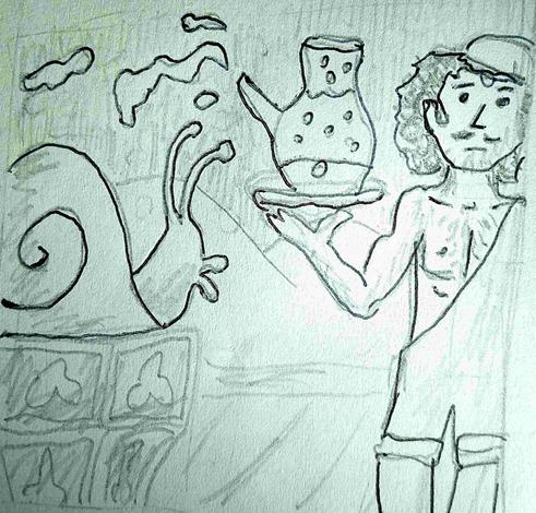 Gribouillis d'un escargot et d'un homme.