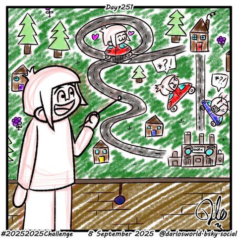Drawing of Darlo pointing to a child-like map, showing that he is happier when taking a long detour route, and angrier dealing with other drivers when driving straight home.