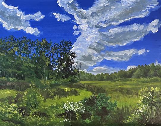 Impressionistic landscape painting of a lush summer meadow with dense green trees to the left, sunlit grasses and bushes with white flowers in the foreground, and a wide expanse of blue sky filled with sweeping, dramatic white clouds above.