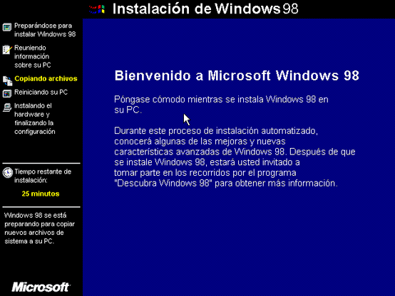 Screenshot of windows 98 installation in Spanish