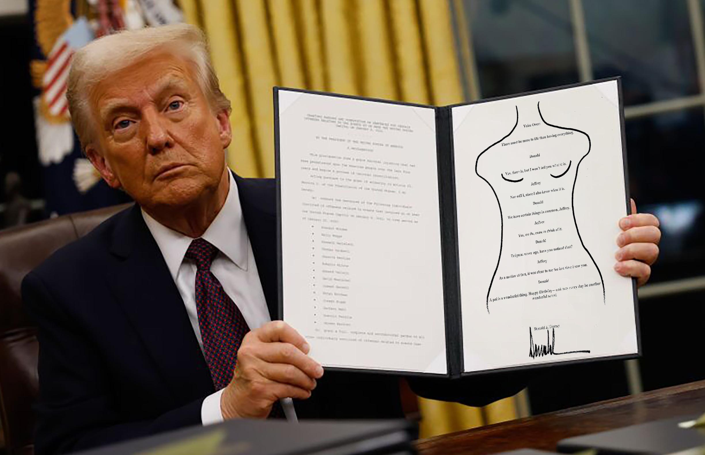 Trump showing off an executive order, but in the binder is the signed drawing from the Epstein birthday book.
